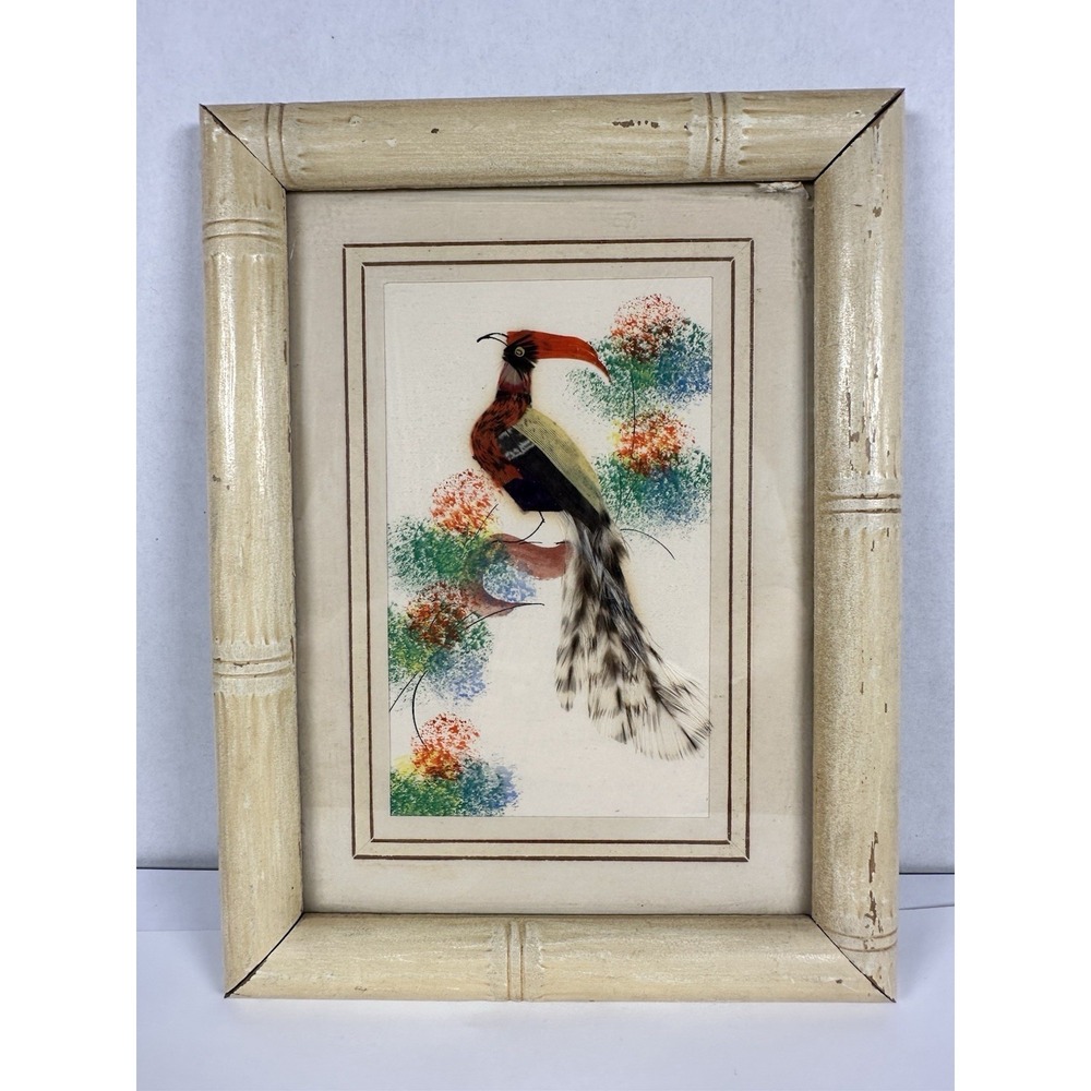 Vtg Feather Craft Folk Art Exotic Bird Framed Wood Red Peacock 6"x 8"